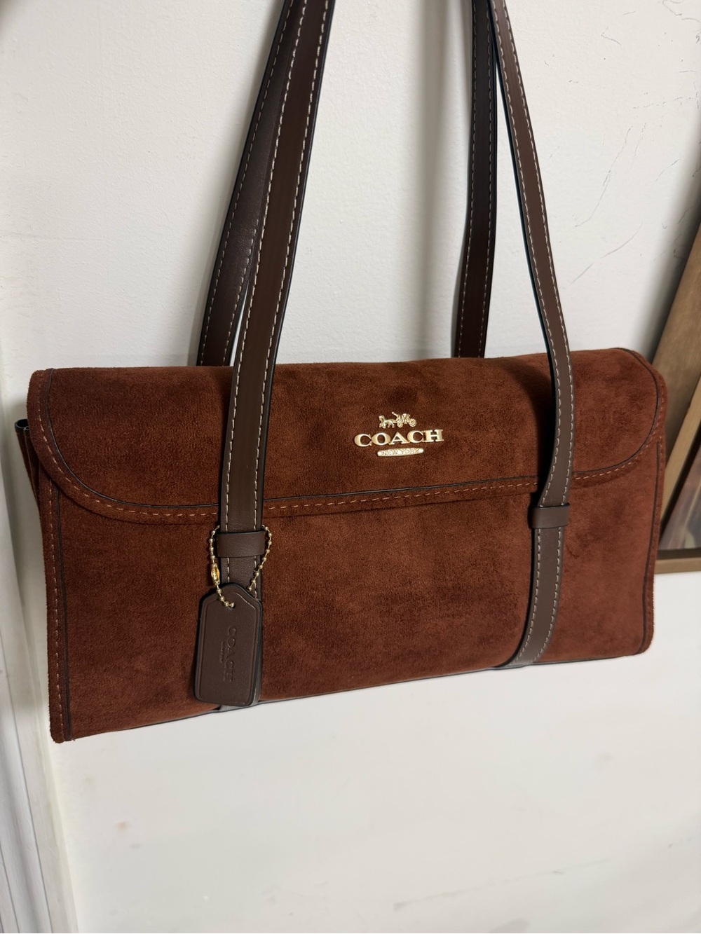 Coach Dark Brown Suede Shoulder Bag with Chocolate Trim